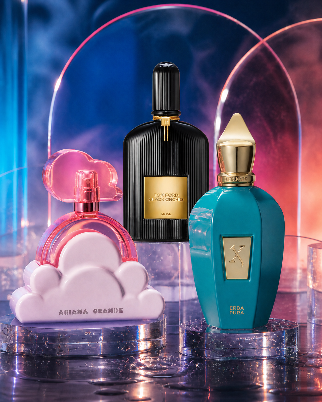 Composición publicitaria con tres perfumes de la selección Vegas Store